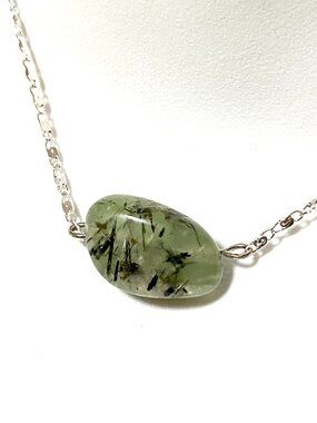 2/$20, Dark Green Prehnite Short Necklace, Gemstone Pendant & Stainless Chain